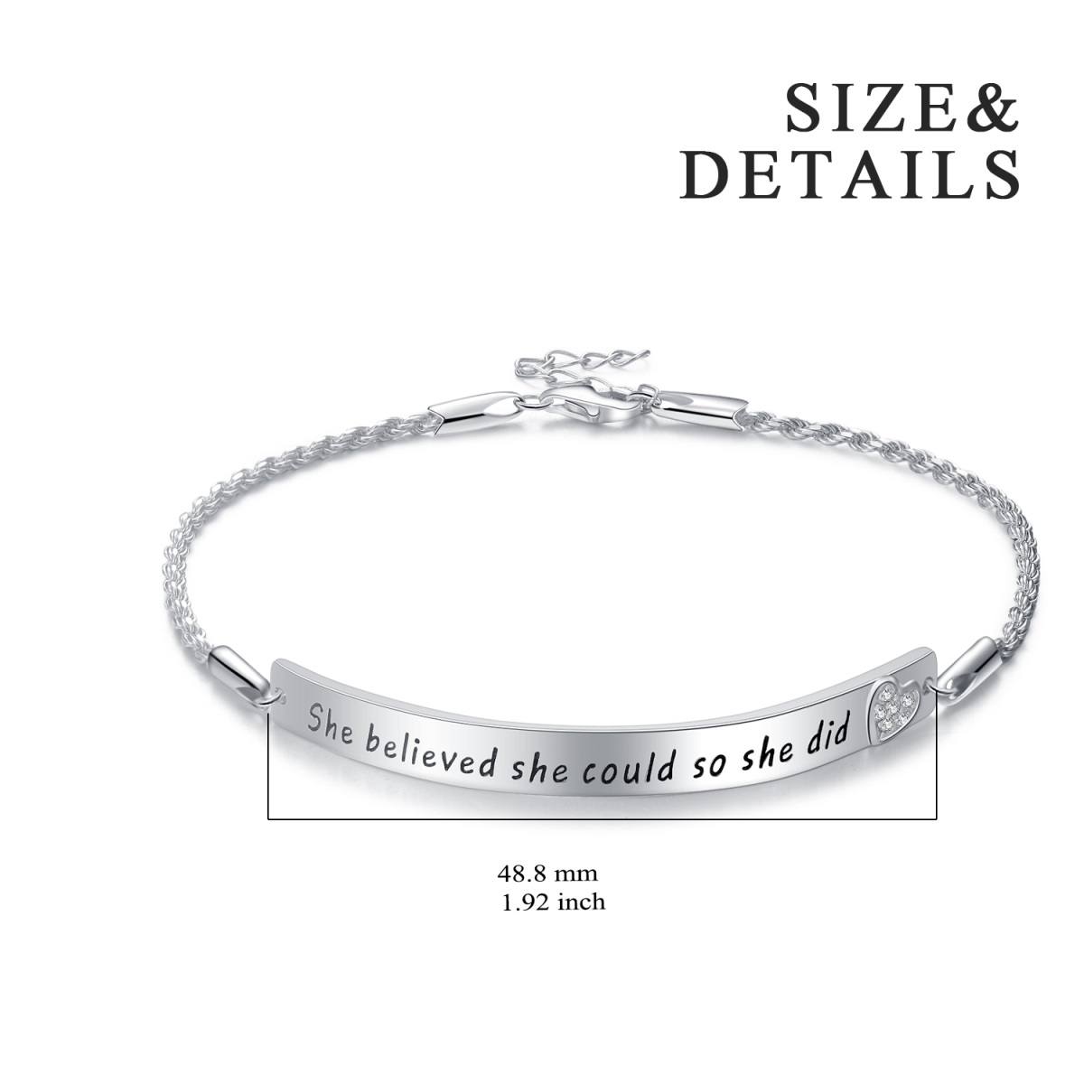 Bracelet d'identification en argent sterling avec mot gravé en forme de coeur en zircon cu-6