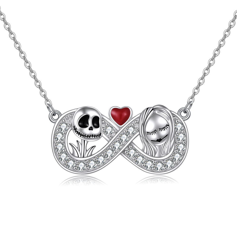 Sterling Silver Circular Cubic Zirconia Infinity Symbol & Skull Pendant Necklace Halloween-1