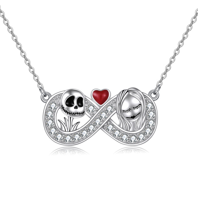 Sterling Silver Circular Shaped Cubic Zirconia Heart & Infinity Symbol & Skull Pendant Necklace-5