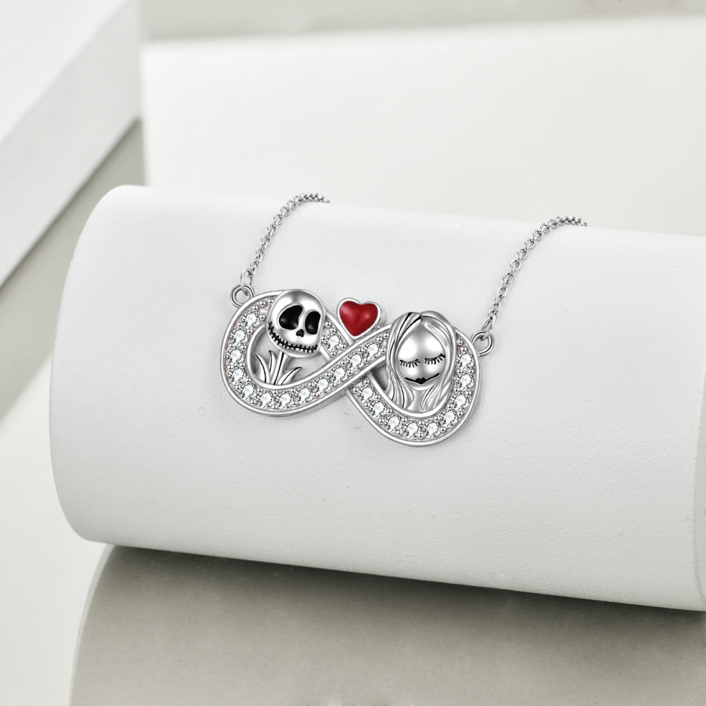 Sterling Silver Circular Cubic Zirconia Infinity Symbol & Skull Pendant Necklace Halloween-3