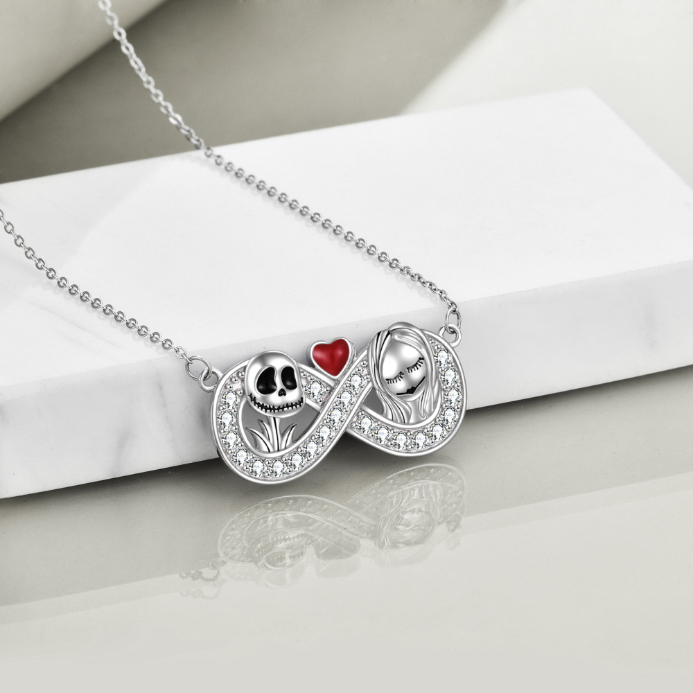 Sterling Silver Circular Cubic Zirconia Infinity Symbol & Skull Pendant Necklace Halloween-4
