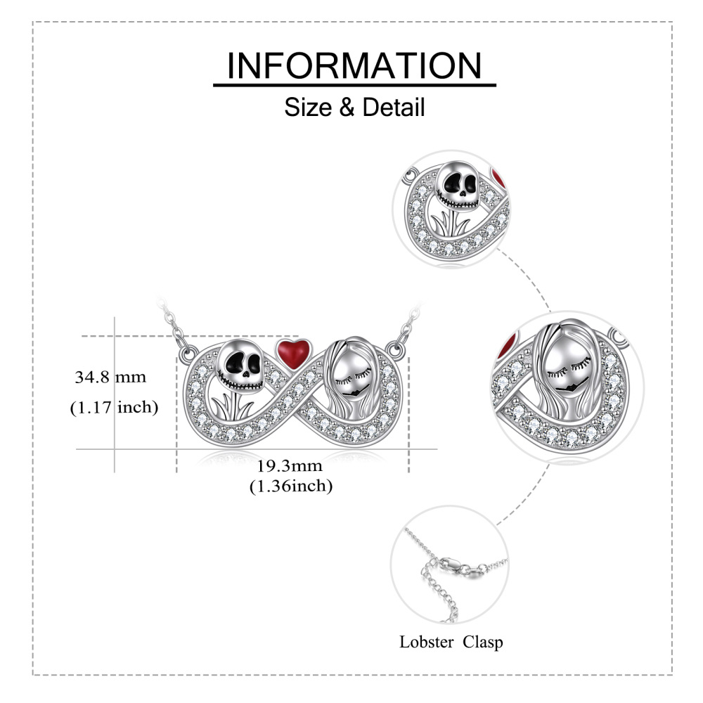 Sterling Silver Circular Cubic Zirconia Infinity Symbol & Skull Pendant Necklace Halloween-5