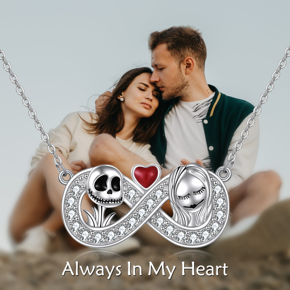Sterling Silver Circular Cubic Zirconia Infinity Symbol & Skull Pendant Necklace Halloween-6