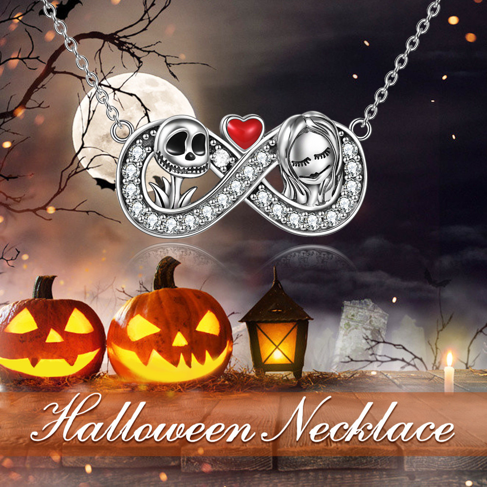 Sterling Silver Circular Cubic Zirconia Infinity Symbol & Skull Pendant Necklace Halloween-7