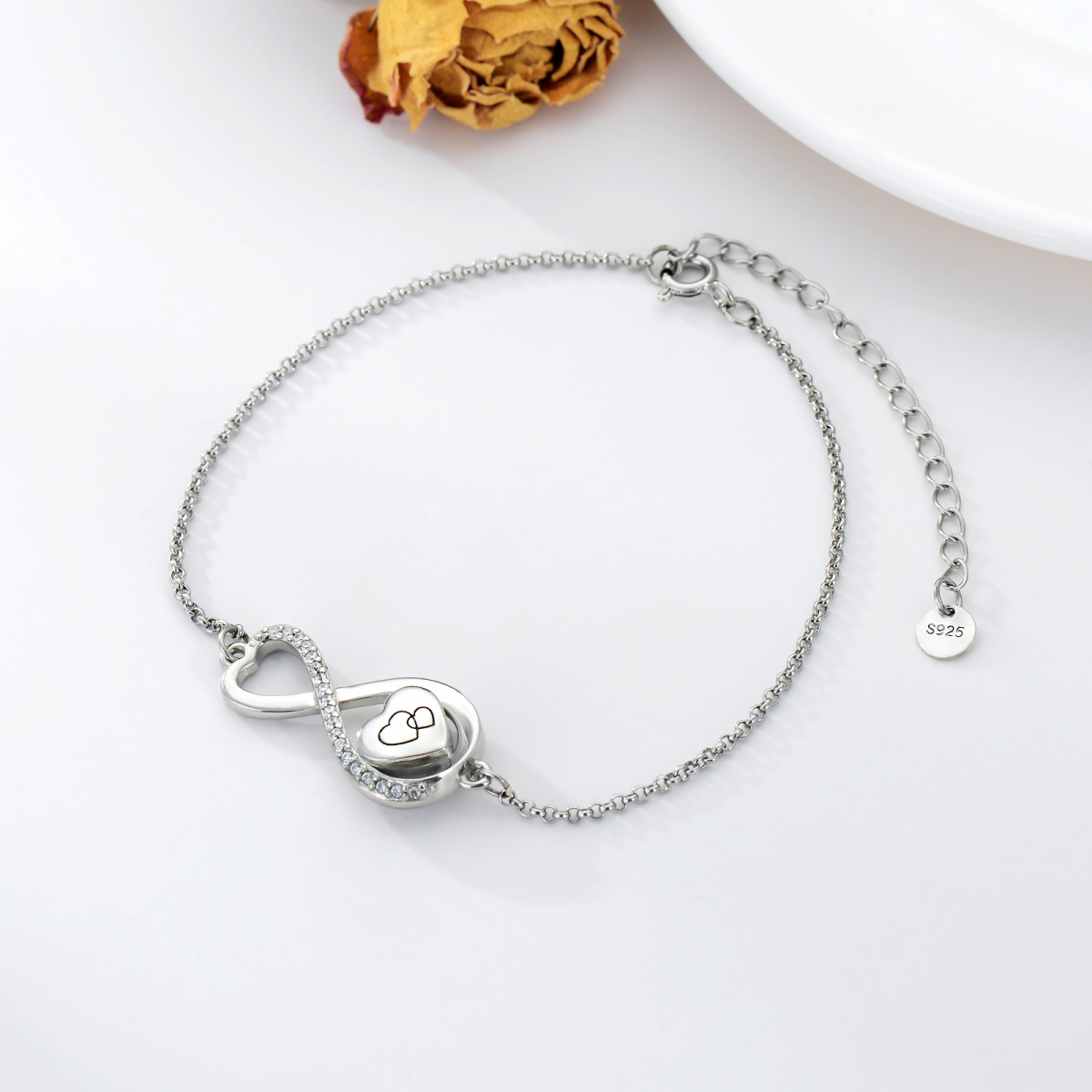 Pulsera de plata de ley con forma circular de circonita cúbica Corazón y símbolo de infini-3