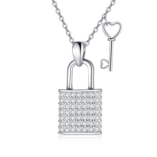 Sterling Silver Circular Shaped Cubic Zirconia Heart & Key & Lock Pendant Necklace-4