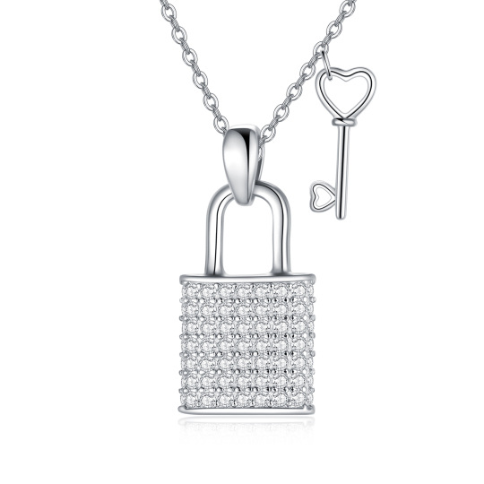 Sterling Silver Circular Shaped Cubic Zirconia Heart & Key & Lock Pendant Necklace