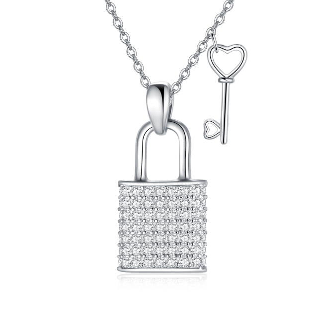 Sterling Silver Circular Shaped Cubic Zirconia Heart & Key & Lock Pendant Necklace-3