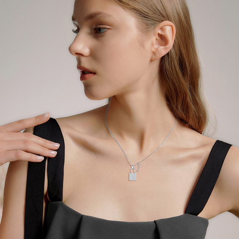 Sterling Silver Cubic Zirconia Heart Key And Lock Pendant Necklace For Women-2