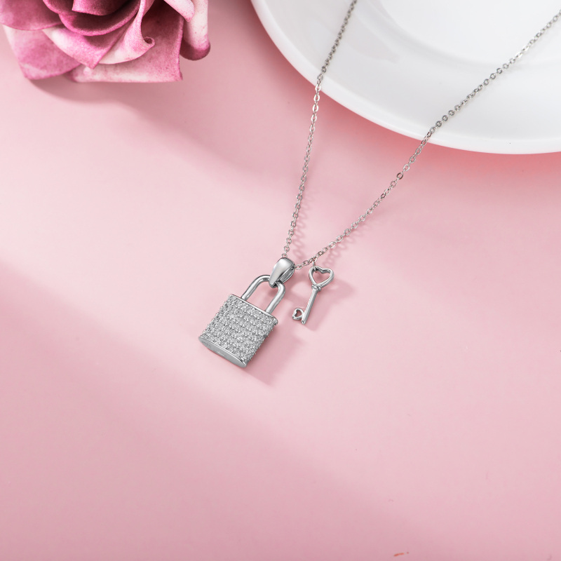 Sterling Silver Cubic Zirconia Heart Key And Lock Pendant Necklace For Women-4