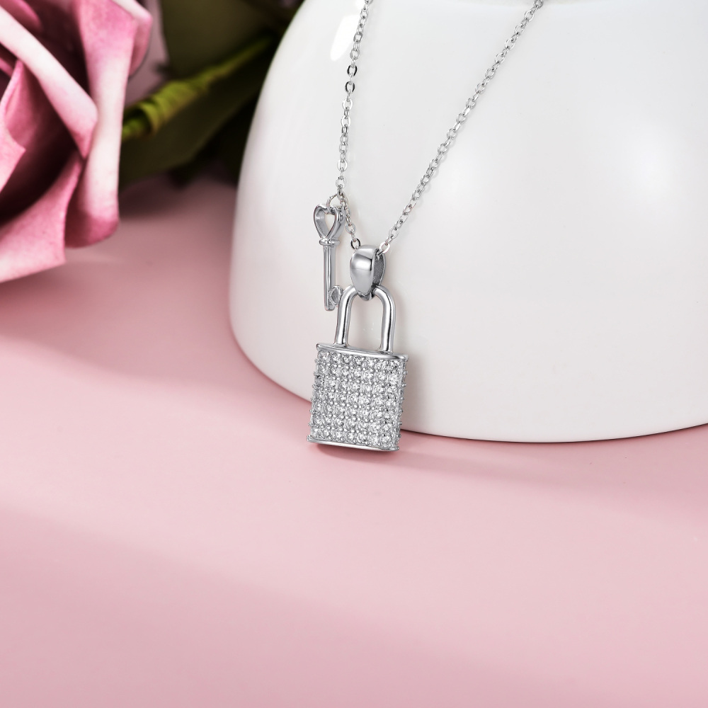 Sterling Silver Cubic Zirconia Heart Key And Lock Pendant Necklace For Women-5