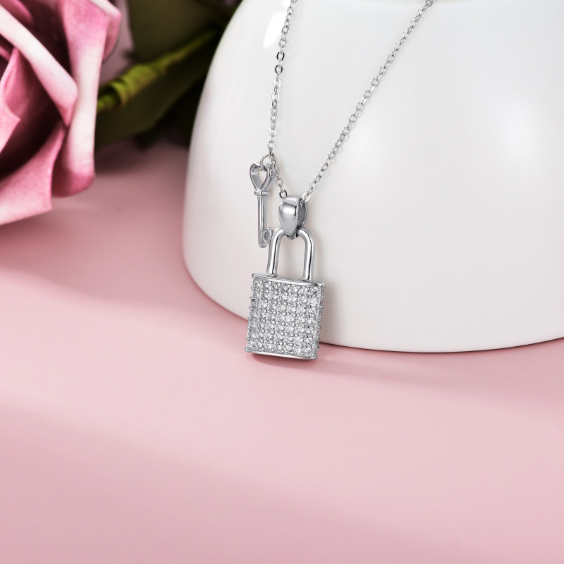 Sterling Silver Cubic Zirconia Heart Key And Lock Pendant Necklace For Women-5