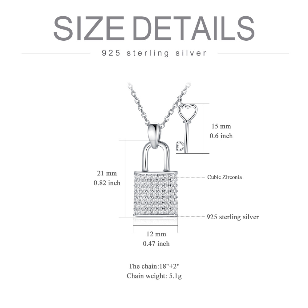 Sterling Silver Cubic Zirconia Heart Key And Lock Pendant Necklace For Women-6