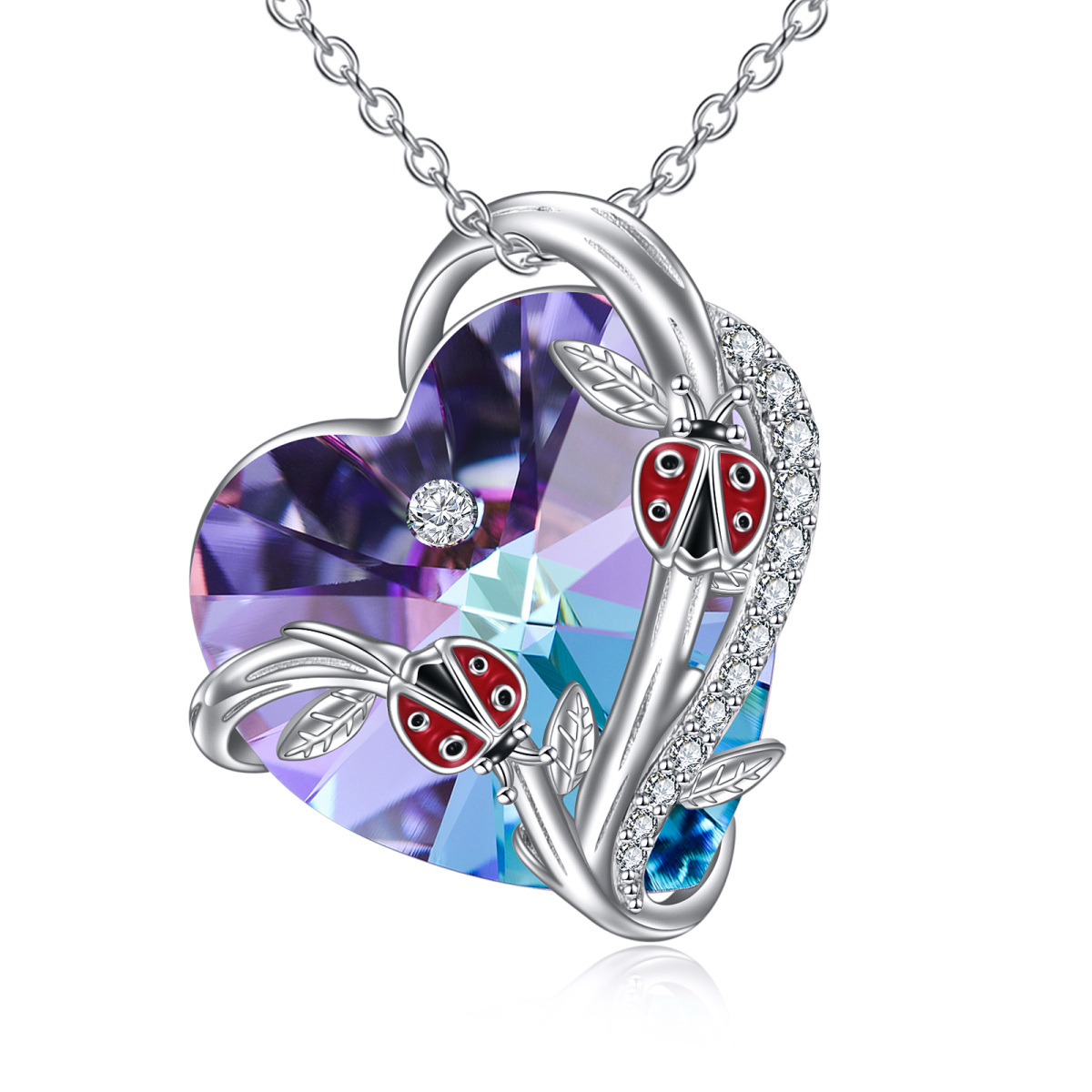 Collar con colgante de mariquita y cristal de corazón de plata de ley para mujer-1