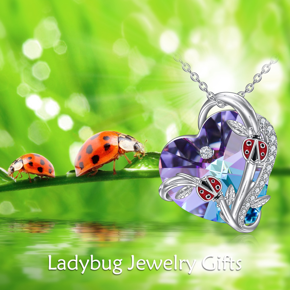 Sterling Silver Heart Crystal Ladybug Pendant Necklace For Women-4