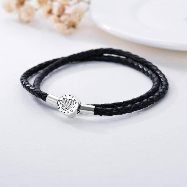 Pulsera de cuentas de metal en forma de corazón circular de plata de ley-3