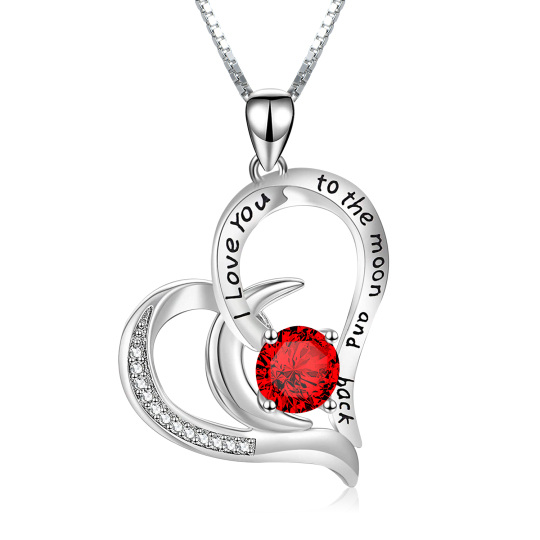 Sterling Silver Circular Shaped Cubic Zirconia Heart & Moon Pendant Necklace with Engraved Word