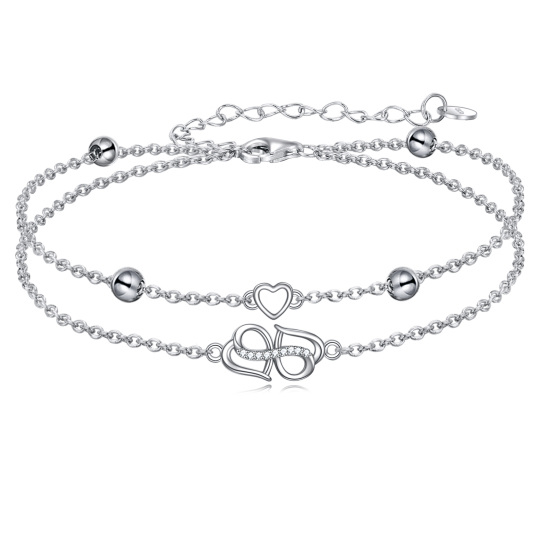 Bracelet de cheville en argent sterling à zircon cubique en forme de cœur avec cœur multic