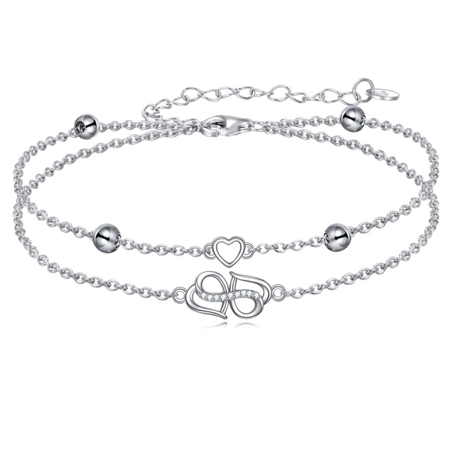 Bracelet de cheville en argent sterling à zircon cubique en forme de cœur avec cœur multic-1