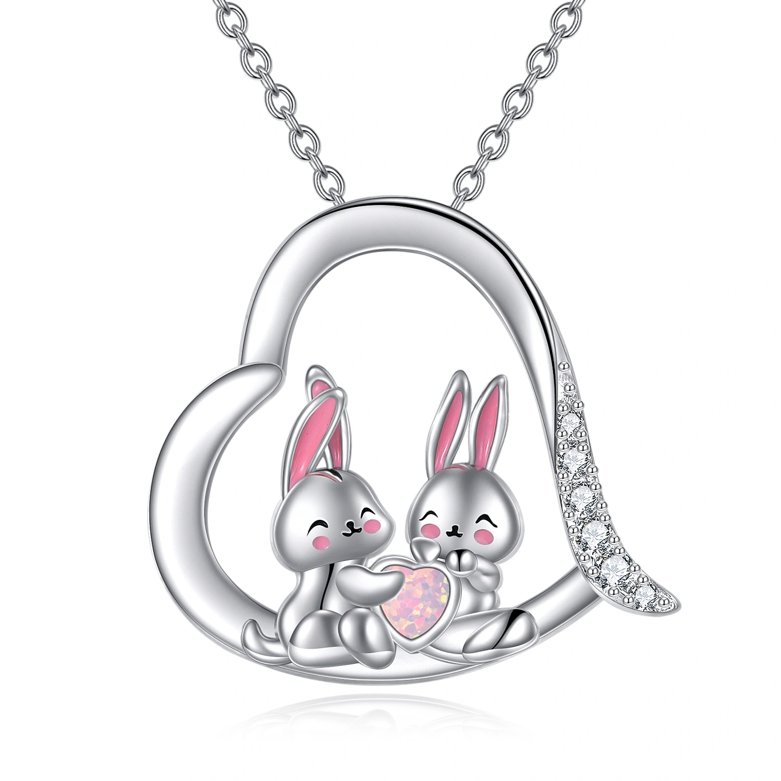 Sterling Silver Heart Cubic Zirconia Opal Rabbit Pendant Necklace For Best Friend