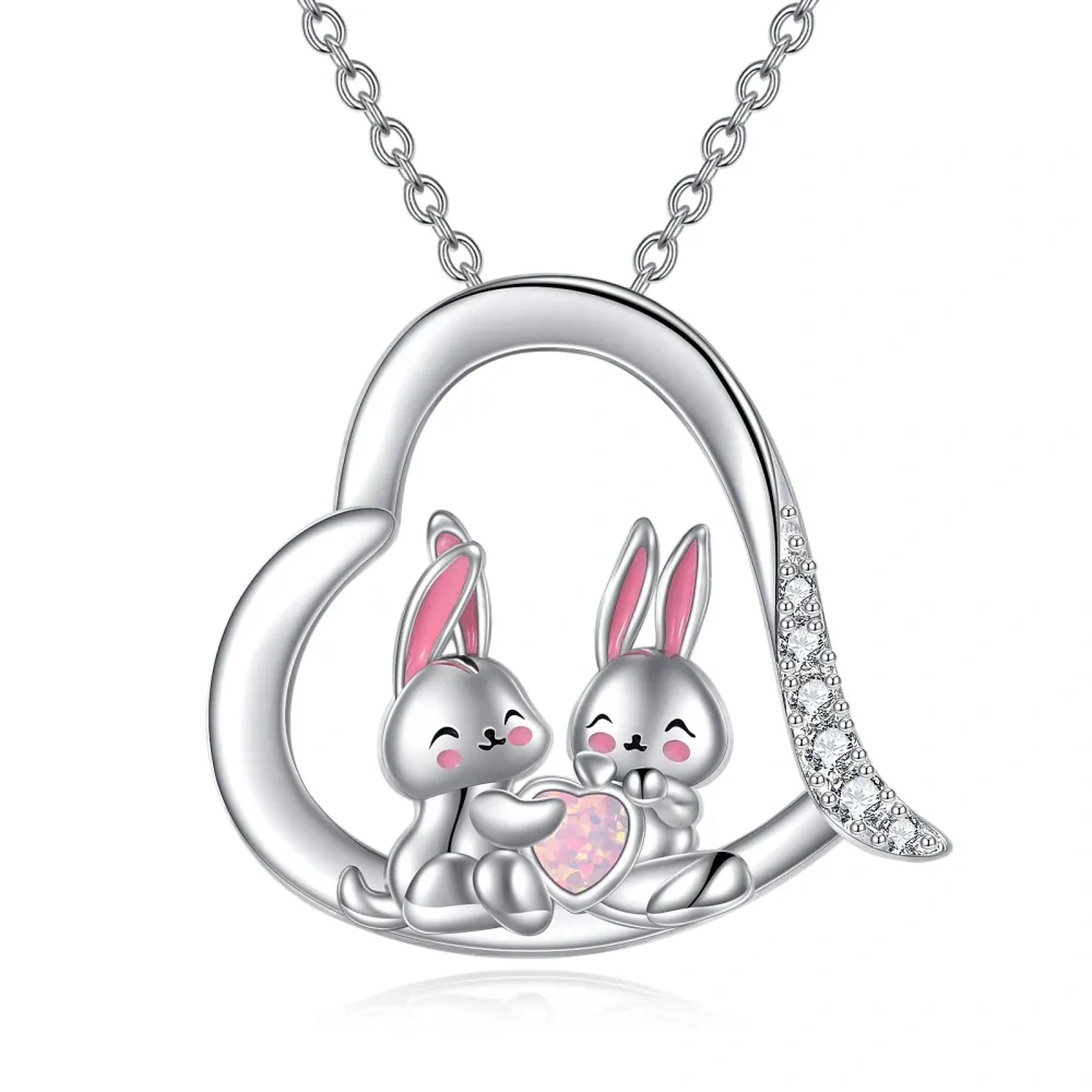 Sterling Silver Heart Cubic Zirconia Opal Rabbit Pendant Necklace For Best Friend-1