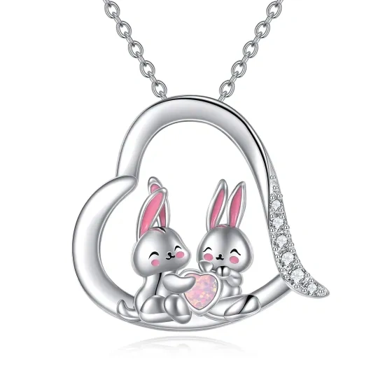 Sterling Silver Circular Shaped & Heart Shaped Cubic Zirconia & Opal Rabbit & Heart Pendant Necklace