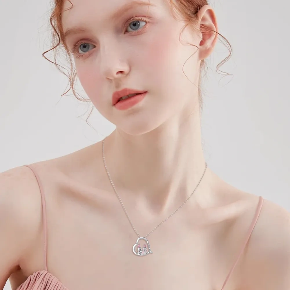 Sterling Silver Heart Cubic Zirconia Opal Rabbit Pendant Necklace For Best Friend-2