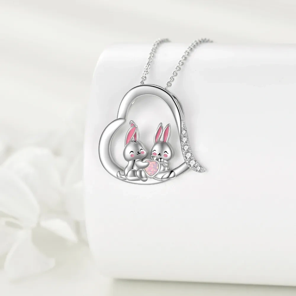 Sterling Silver Heart Cubic Zirconia Opal Rabbit Pendant Necklace For Best Friend-3