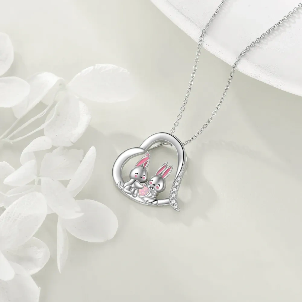 Sterling Silver Heart Cubic Zirconia Opal Rabbit Pendant Necklace For Best Friend-4