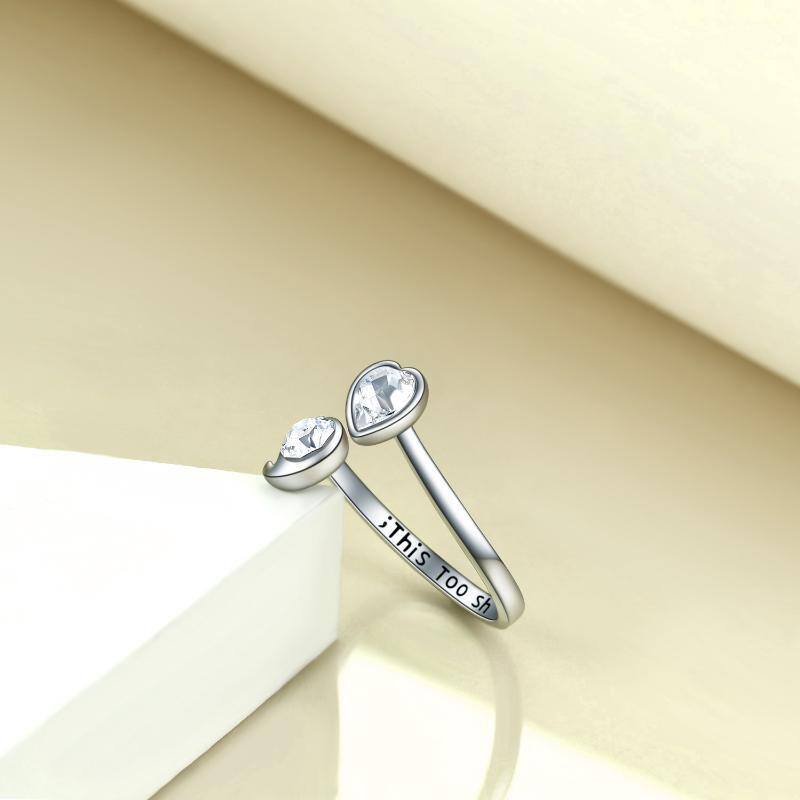 Anel aberto de prata esterlina com zircónio cúbico e coração com palavra gravada para mulh-4