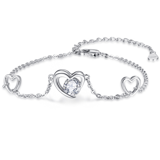 Sterling Silver Circular Shaped Cubic Zirconia Heart Pendant Bracelet