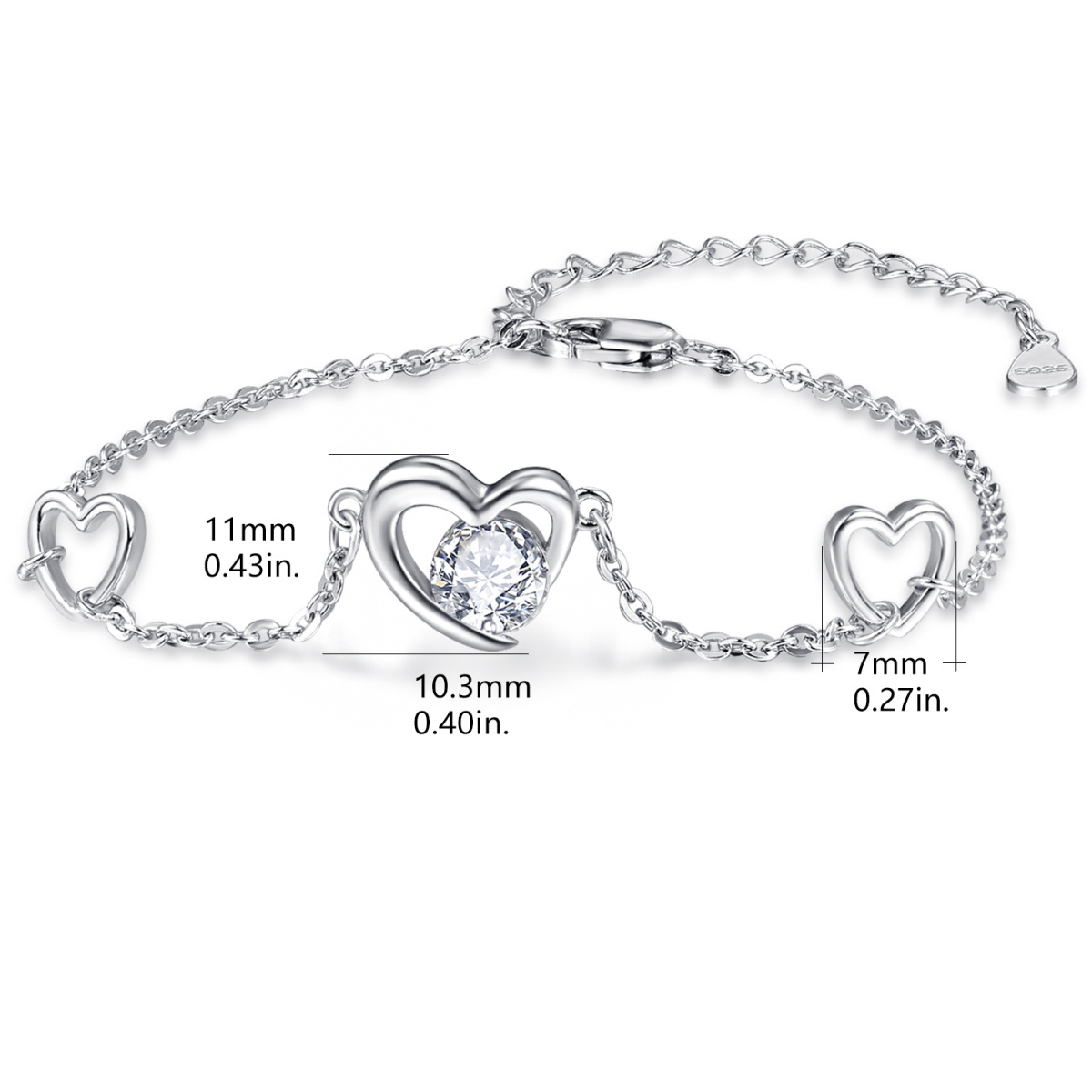 Sterling Silver Circular Shaped Cubic Zirconia Heart Pendant Bracelet-4