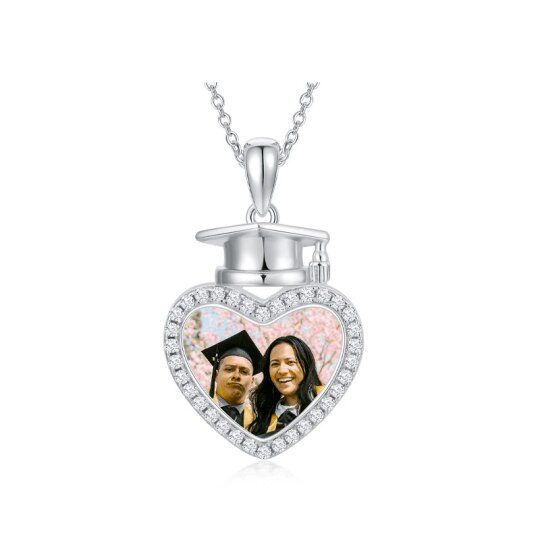 Sterling Silver Circular Shaped Cubic Zirconia Heart Pendant Necklace