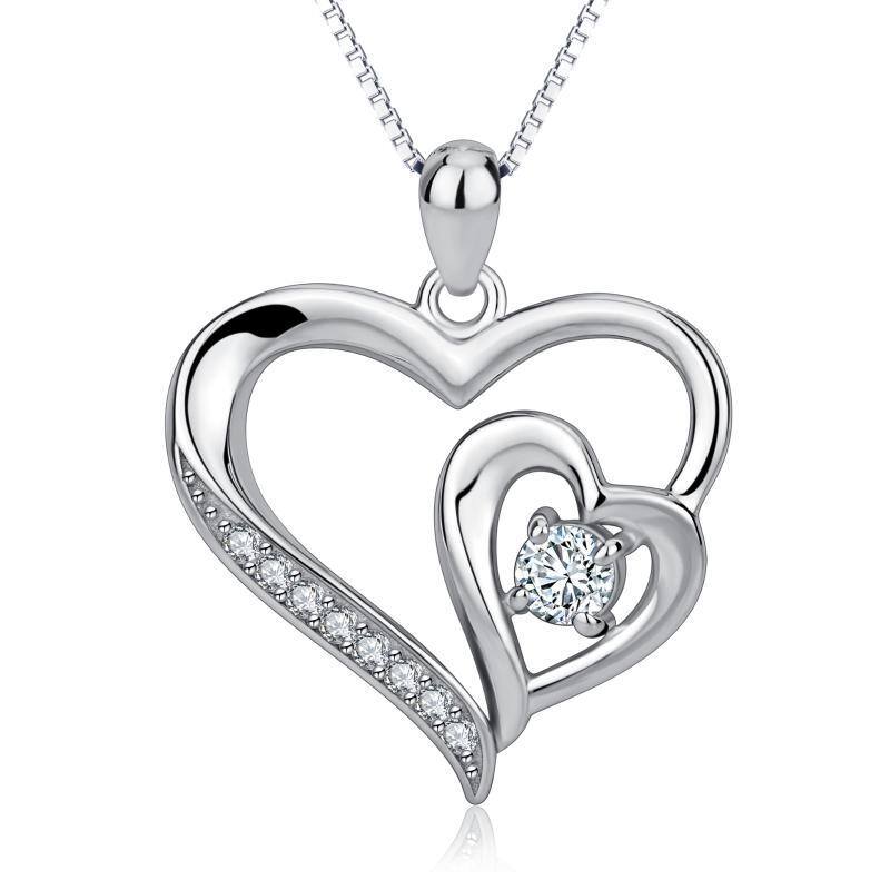 Sterling Silver Cubic Zirconia Double Heart Necklace For Her Sterling Silver Cubic Zirconia Double Heart Necklace For Her