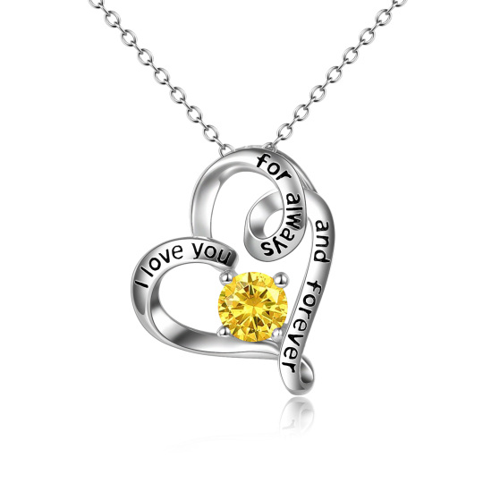 Sterling Silver Circular Shaped Cubic Zirconia Heart Pendant Necklace with Engraved Word