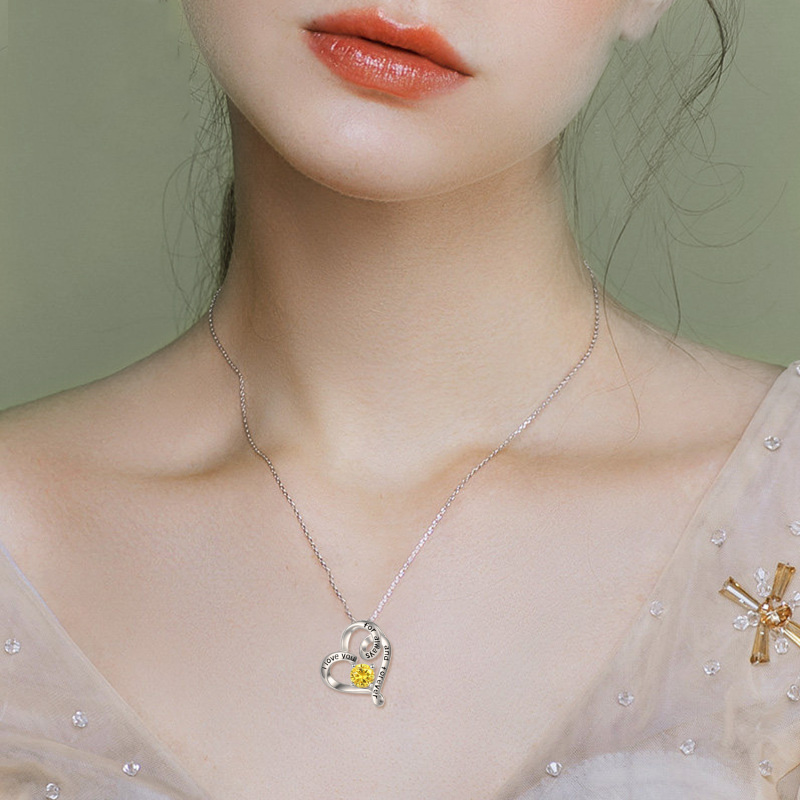 Collier en argent sterling avec cœur gravé en oxyde de zirconium circulaire pour femme-2