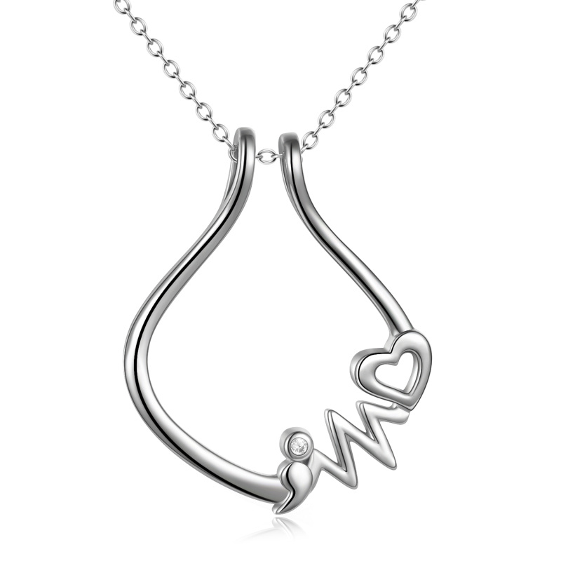 Sterling Silver Circular Shaped Cubic Zirconia Heart & Ring Holder Pendant Necklace-14