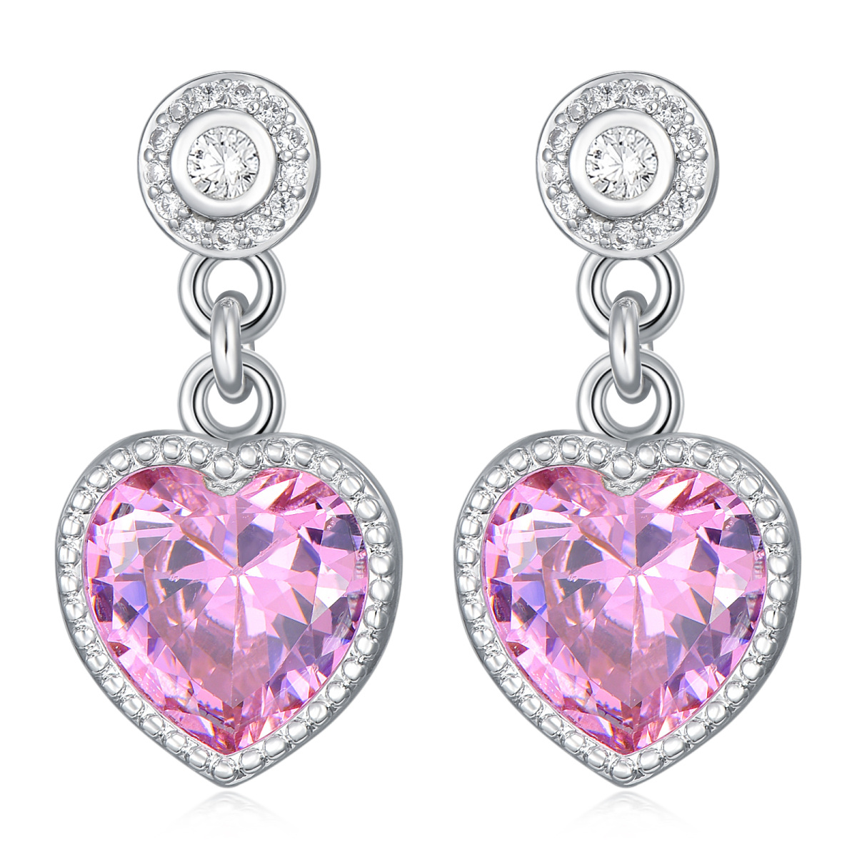 Pendientes de plata de ley con forma circular y corazón de circonita cúbica y cuarzo rosa-1