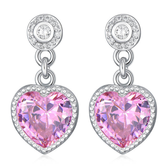 Sterling zilveren ronde en hartvormige cubic zirconia en rozenkwarts hart druppel oorbelle-1