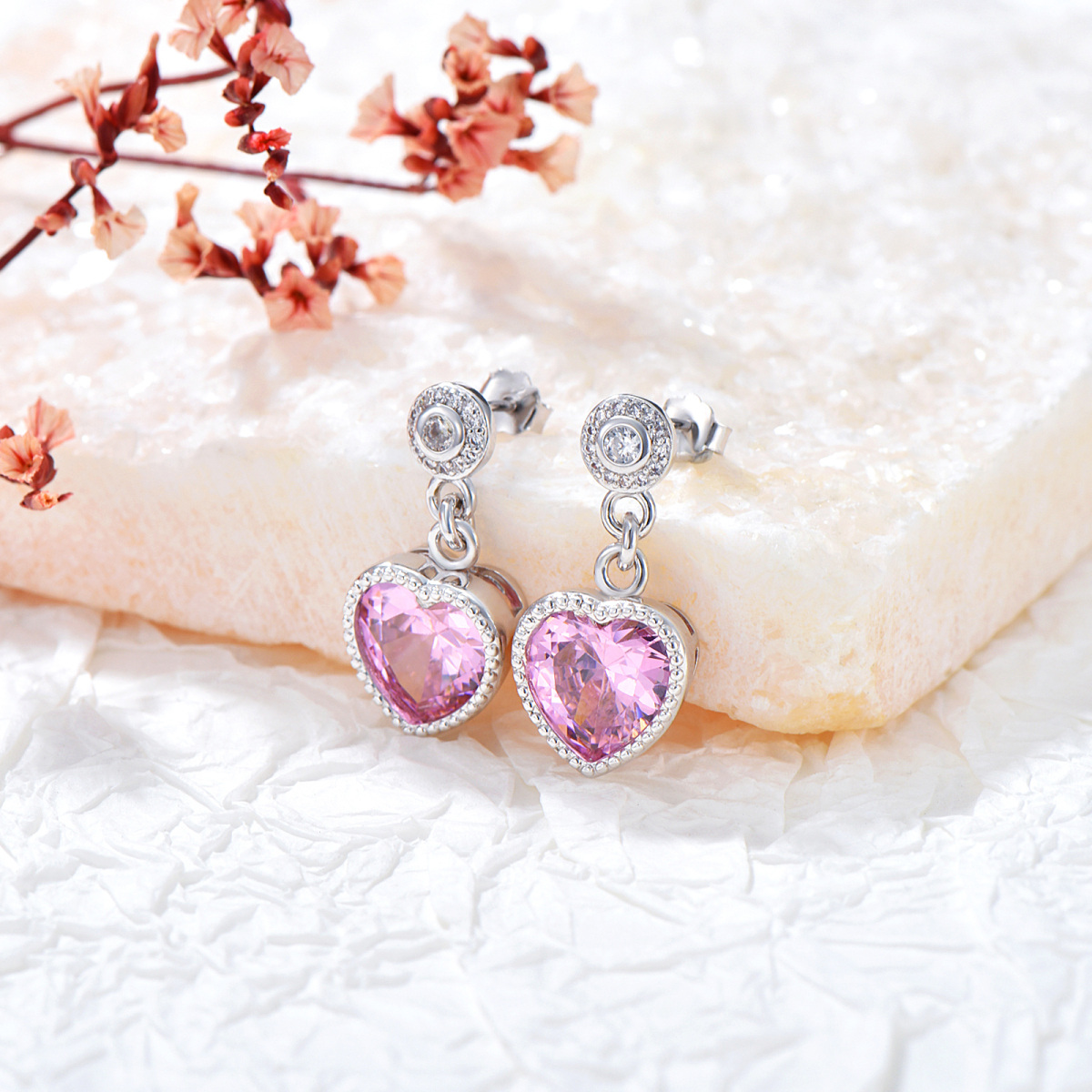 Sterling Silver Circular Shaped & Heart Shaped Cubic Zirconia & Rose Quartz Heart Drop Earrings-3