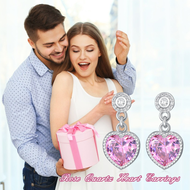 Sterling Silver Circular Shaped & Heart Shaped Cubic Zirconia & Rose Quartz Heart Drop Earrings-5