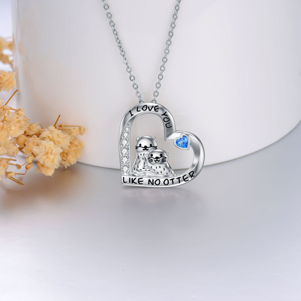 Sterling Silver Heart Cubic Zirconia Sea Otter & Heart Pendant Necklace For Women-3