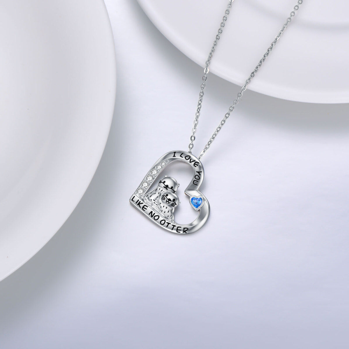 Sterling Silver Heart Cubic Zirconia Sea Otter & Heart Pendant Necklace For Women-4