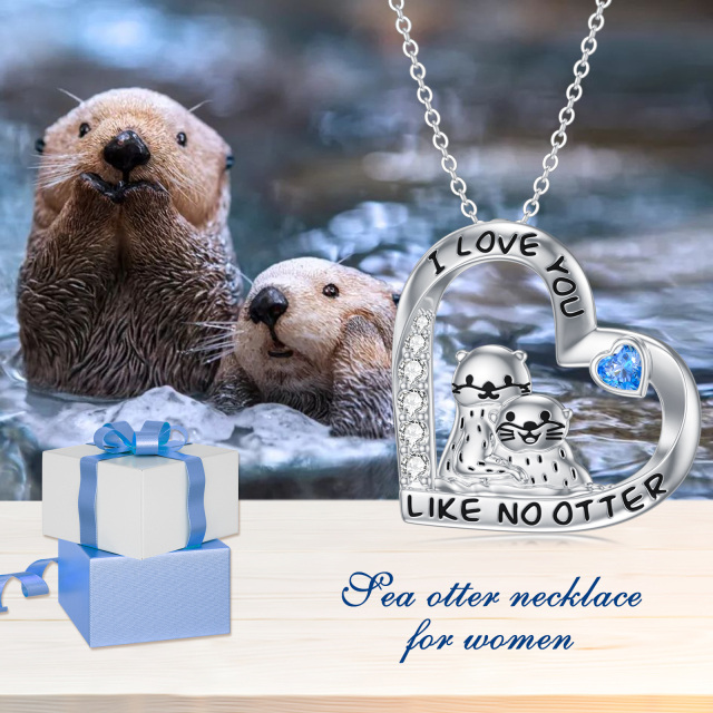 Sterling Silver Circular Shaped & Heart Shaped Cubic Zirconia Sea Otter & Heart Pendant Necklace with Engraved Word-5