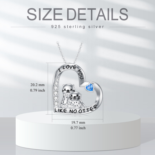 Sterling Silver Circular Shaped & Heart Shaped Cubic Zirconia Sea Otter & Heart Pendant Necklace with Engraved Word-6