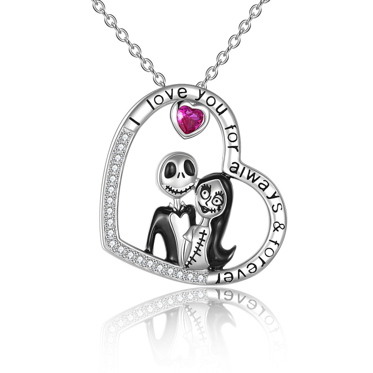 Sterling Silver Circular Cubic Zirconia Heart & Skeleton Pendant Necklace Halloween-1