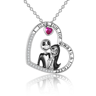 Sterling Silver Circular Cubic Zirconia Heart & Skeleton Pendant Necklace Halloween-3