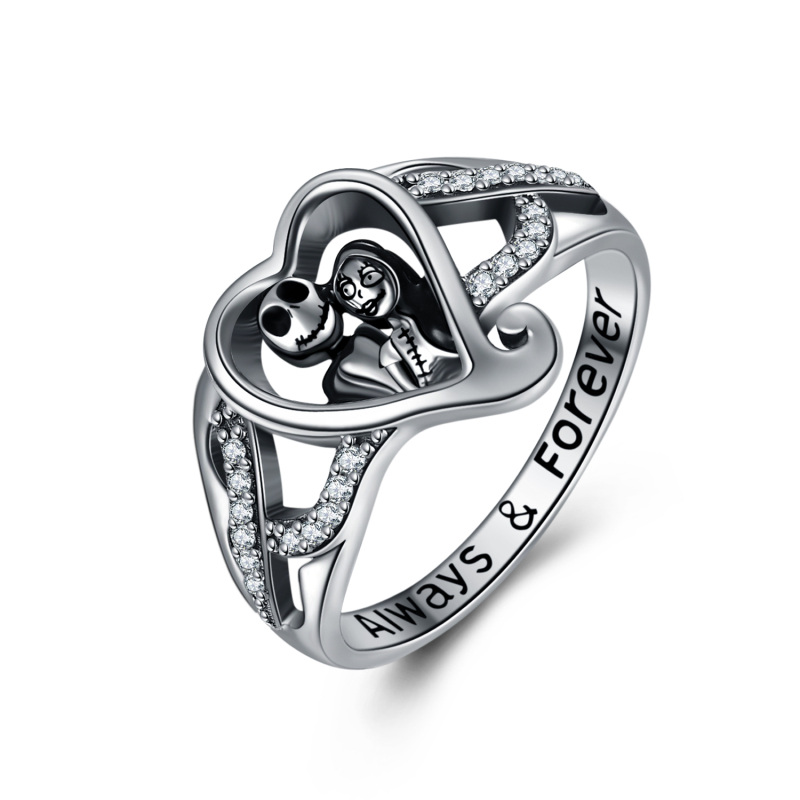 Sterling Silver Round Shaped Cubic Zirconia Heart & Skeleton Ring with Engraved Word-9