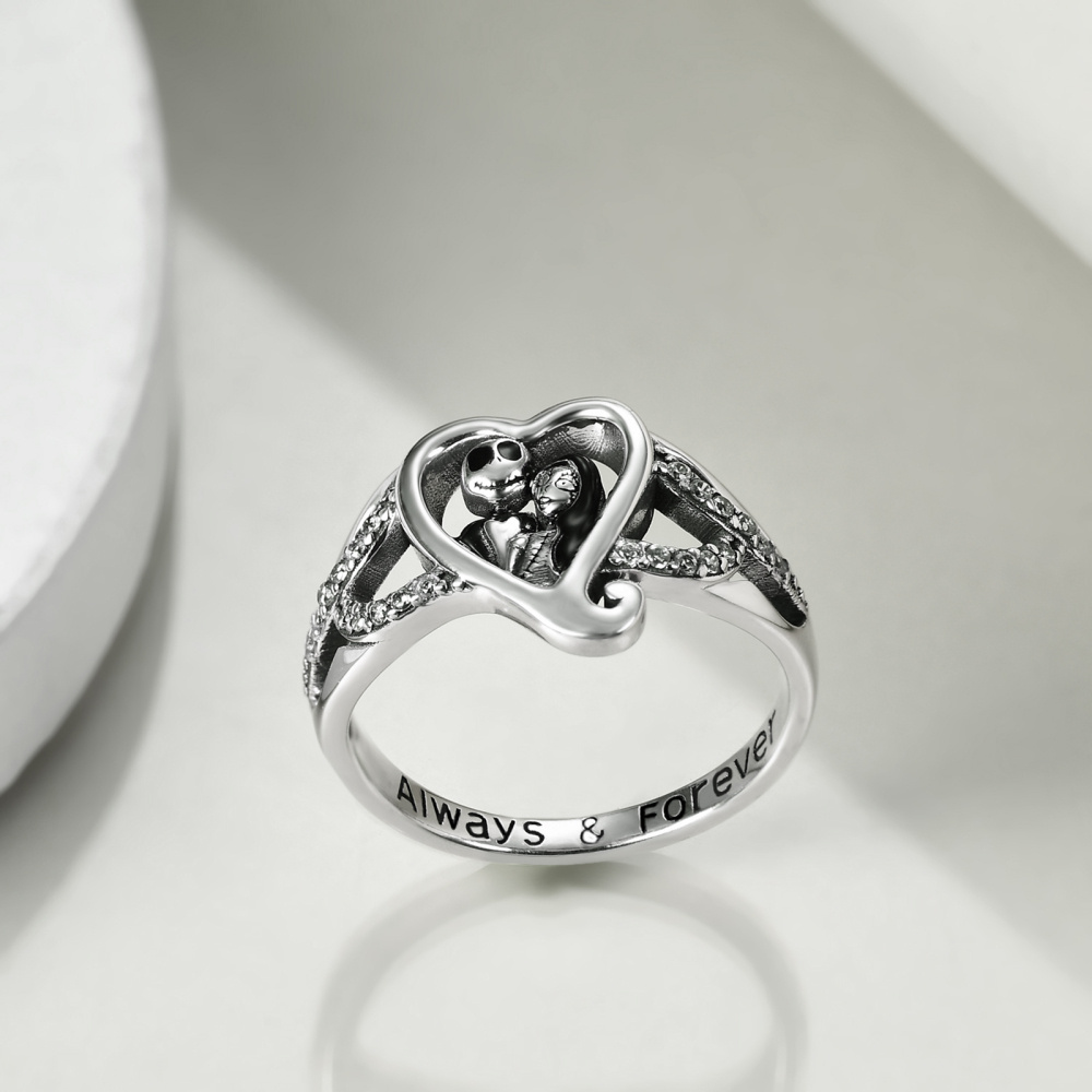 Sterling Silver Round Shaped Cubic Zirconia Heart & Skeleton Ring with Engraved Word-3