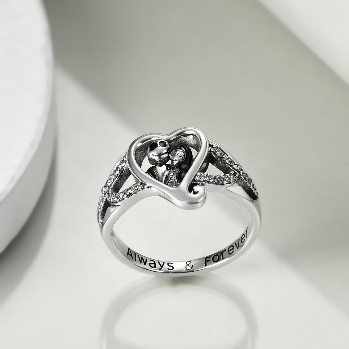 Sterling Silver Circular Shaped Cubic Zirconia Heart & Skeleton Ring with Engraved Word-3